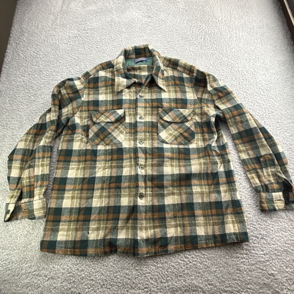 Pendleton Wool Flannel Shirt Mens XL Button Up Green Brown Plaid Board VTG